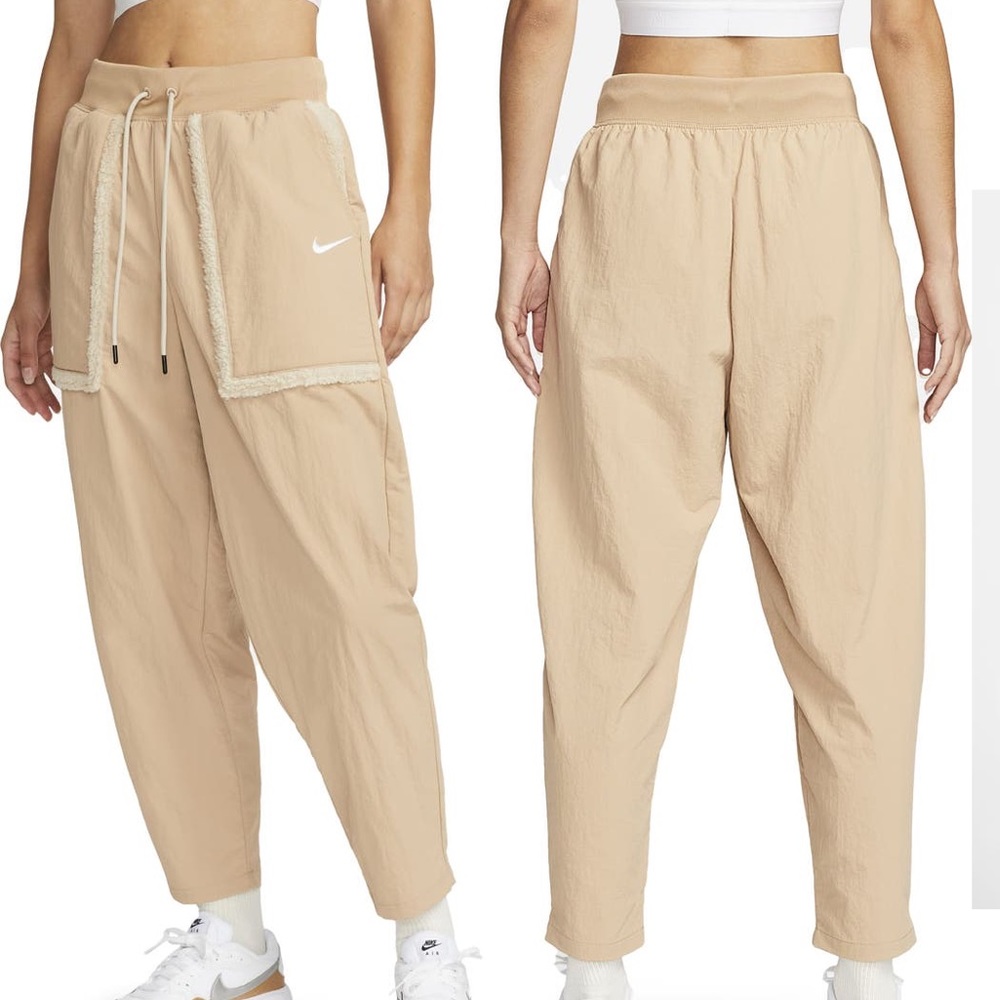 NWT Nike Sportswear Essential Faux Fur Trim Woven Beige Sand Pants Womens XXL